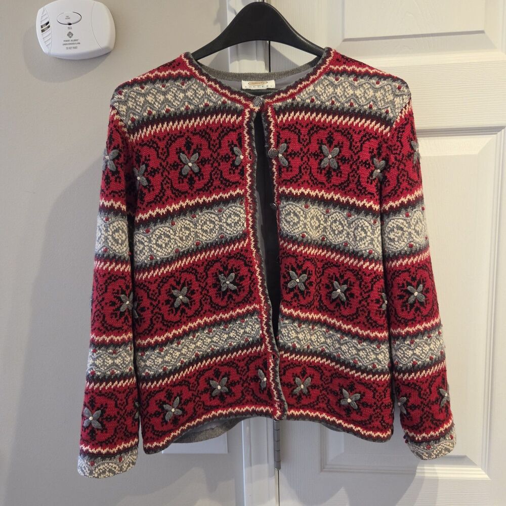 Vtg Talbots Winter Holiday Nordic Fair Isle Cardigan Sweater Jacket Women's Sz M